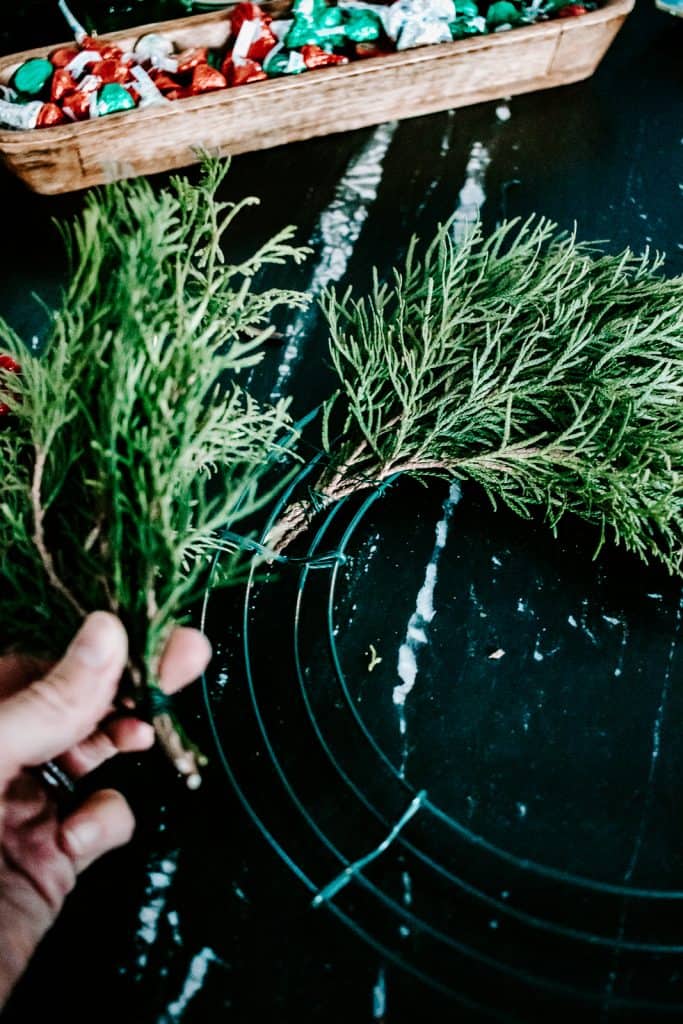 Secure wire stems to wreath form