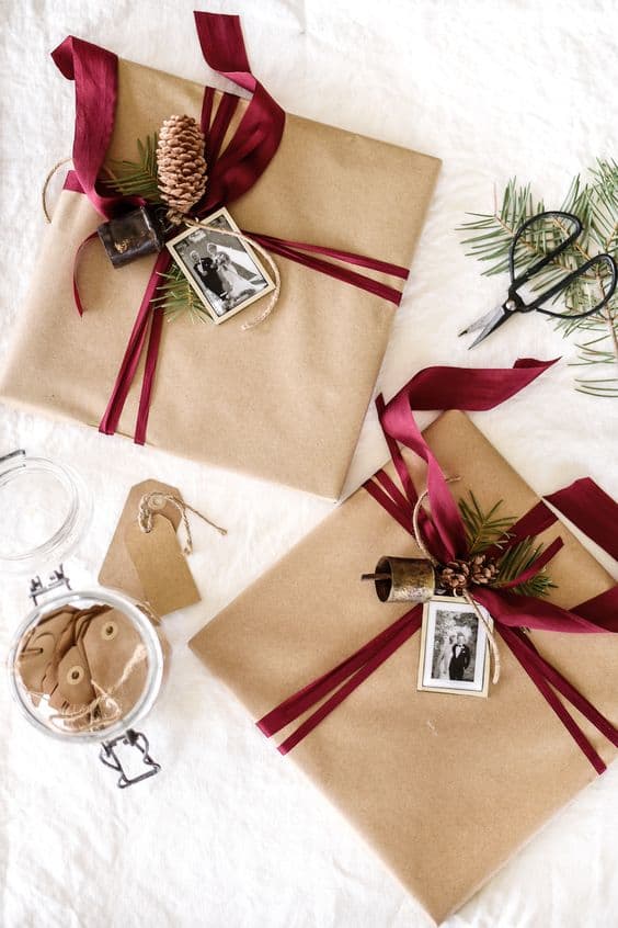 Brown paper wrapping ideas with maroon ribbon