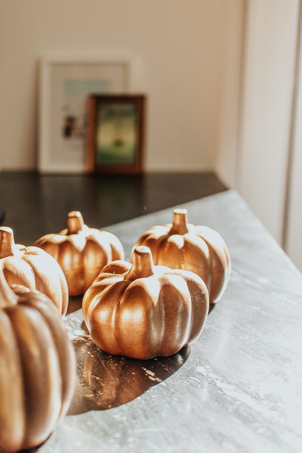 Copper pumpkins on kitchen counter