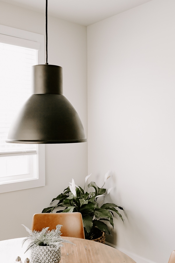 black spray painted light fixture over a table, with a plant in the background