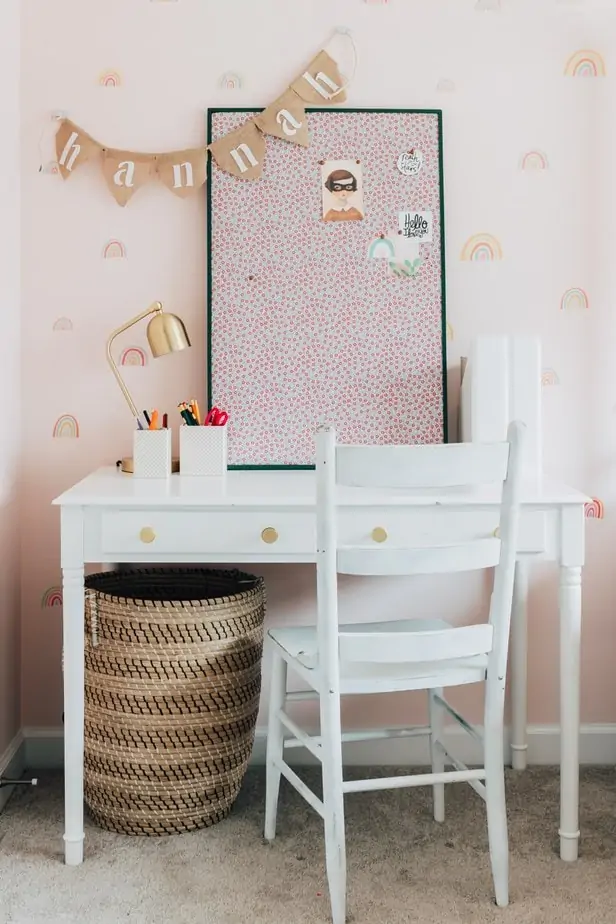 How to Make a Fabric Pinboard - Decor Hint A painted pin board with floral fabric fabric on a white desk - learn how to make a fabric pin board