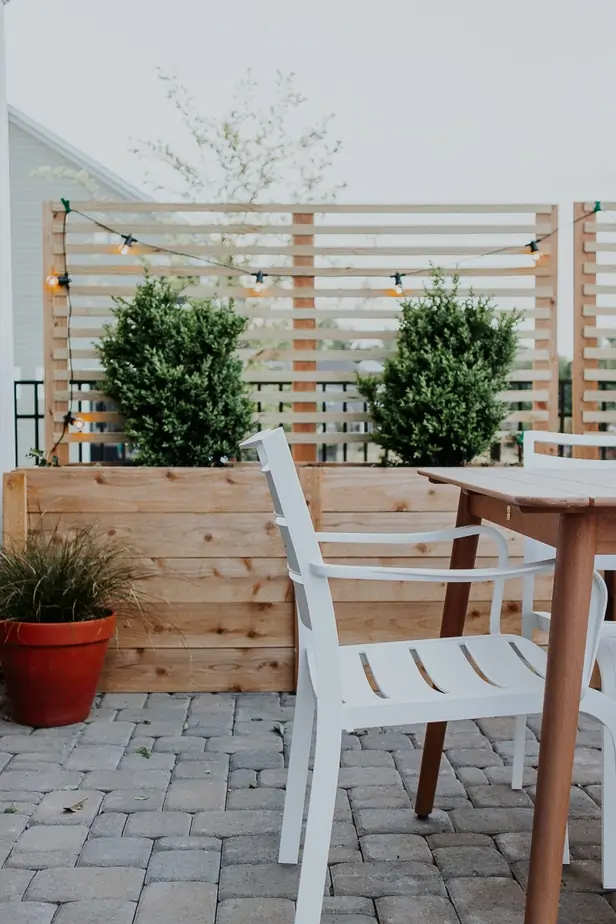 vista de uma treliça DIY de cedro e pinheiro contra caixas de plantador. como construir uma treliça do início ao fim! Saiba como é fácil fazer o seu próprio! 