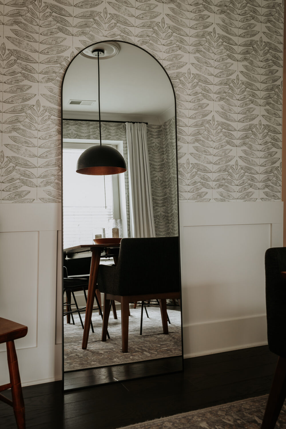 Check Out Our Stunning New Dining Room Addition - Decor Hint arched full length floor mirror leaning against a wall