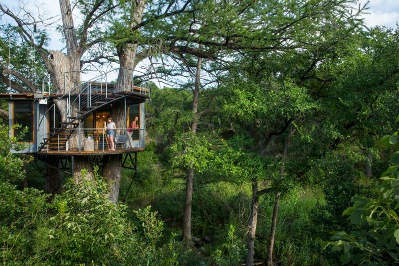 10 Texas Outdoor Spaces Designed To Function As Living Rooms - Decor Hint Piney Woods Treehouse Lounge with Suspended Hammocks