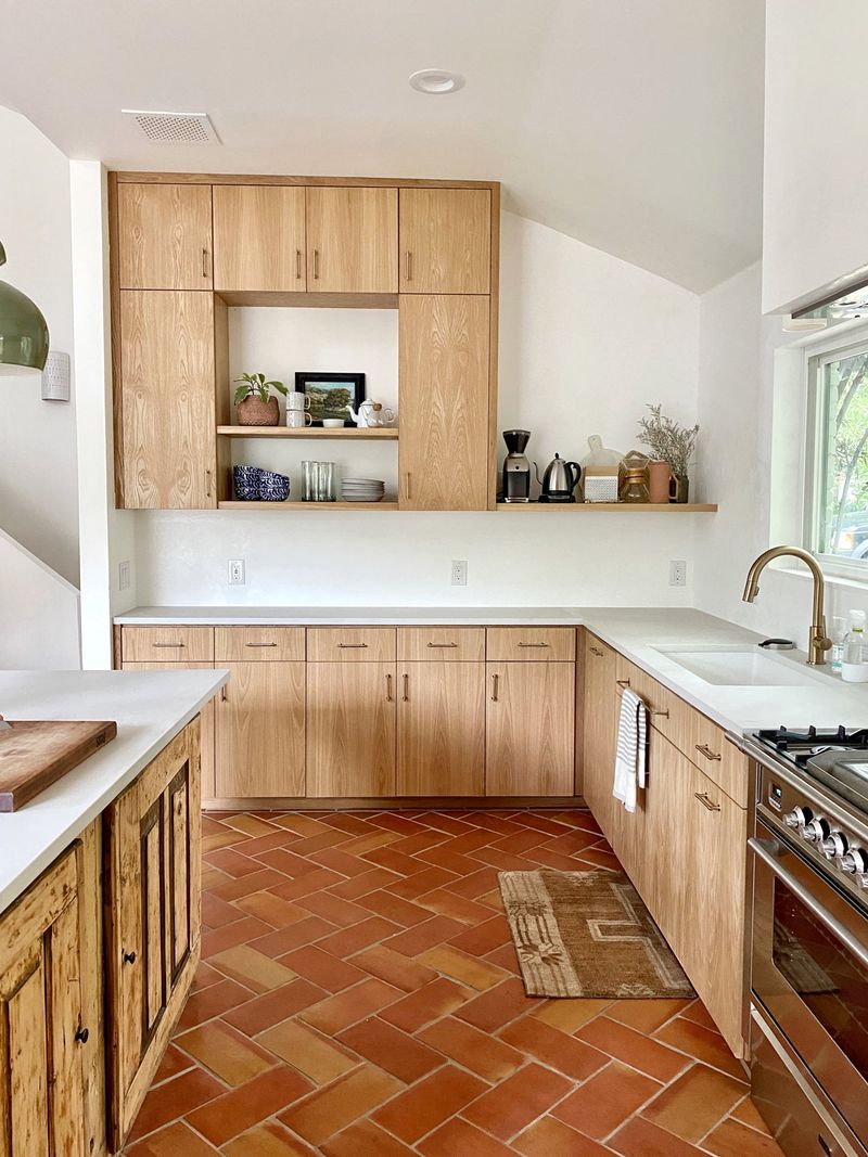 Terracotta Floor Tiles With Butcher Block Countertops