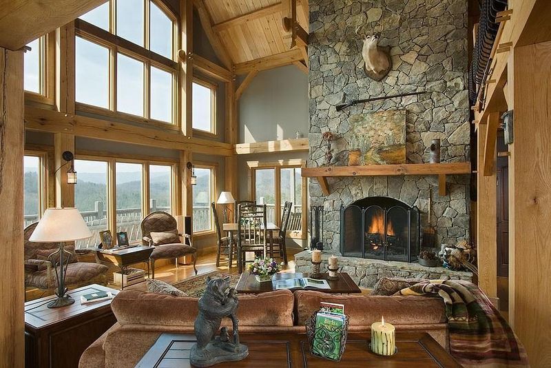 Stone Fireplaces With Stacked Wood Mantels