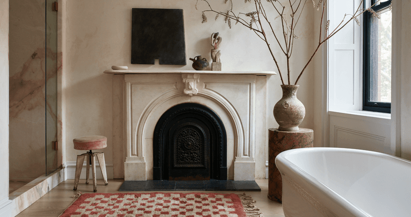 Plaid Rugs And Stone Fireplace Accents