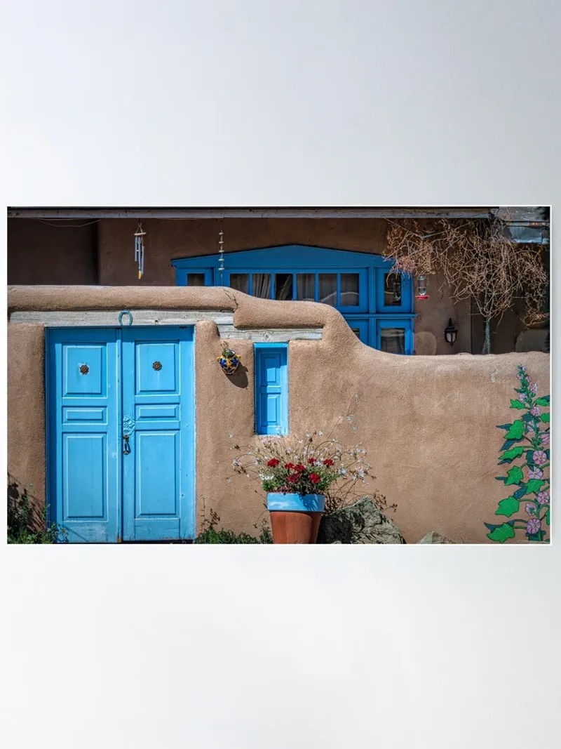 12 New Mexico Pueblo-Style Homes Straight Out Of A Storybook - Decor Hint Blue Window Frames Against Adobe