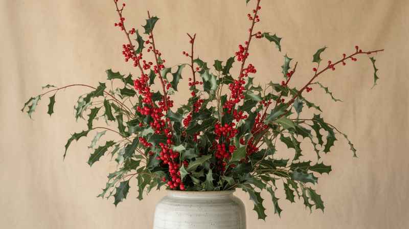 Ilex Berries In Rustic Vases