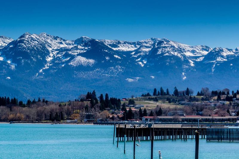 Polson: Lakeside Village With Mountain Backdrop
