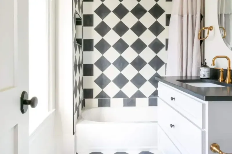 Black-And-White Plaid With Modern Stone Fixtures
