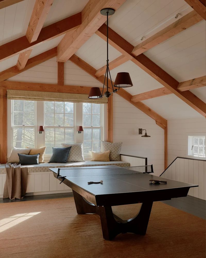 Dramatic Exposed Honey-Oak Ceiling Beams