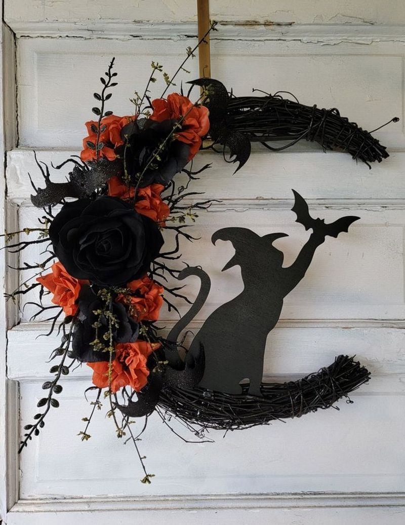 Gothic Door Swag With Black Roses And Bats