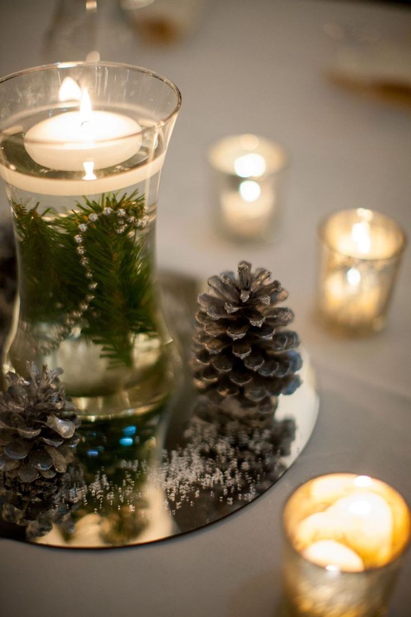 Glass Candle Holders With Moss And Pinecones
