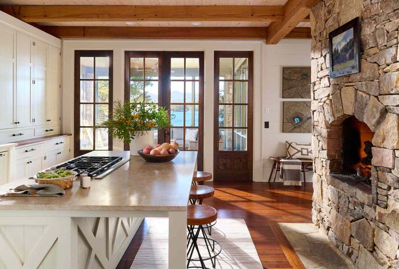 Small Rustic Kitchen With Compact Stone Fireplace