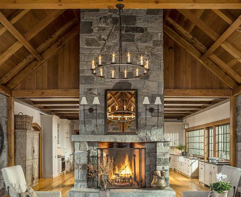 Open-Concept Kitchen With Fireplace Facing The Dining Area