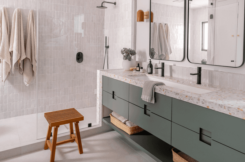 Double Vanity With Plaid Fabrics And Stone Sinks