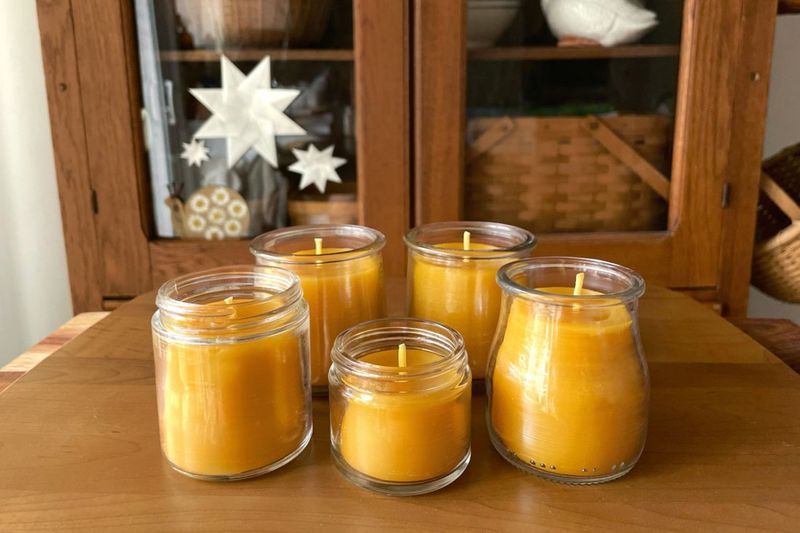 Handmade Beeswax Candles In Recycled Jars