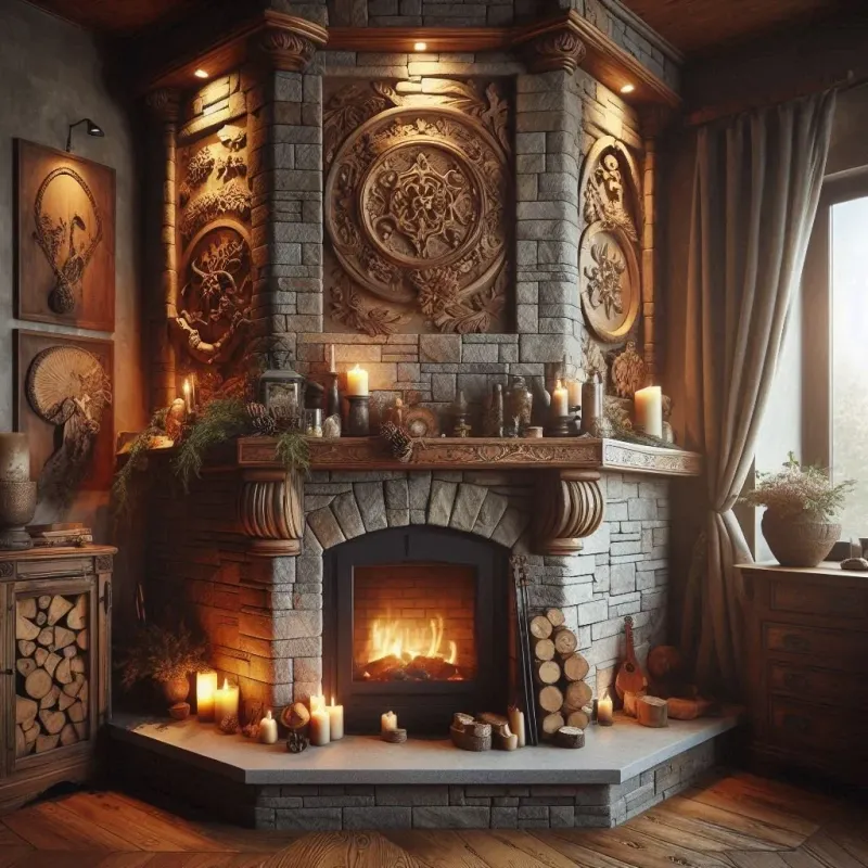 Kitchen With Corner Stone Fireplace For A Cozy Atmosphere