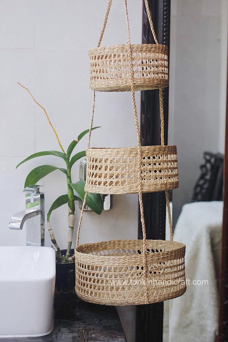 8 Brooklyn Studio Hacks To Boost Storage Without Clutter - Decor Hint Hanging Fruit Basket as Bathroom Storage