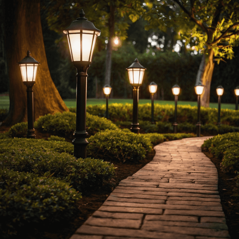 Amber Glass Lanterns Along Pathways