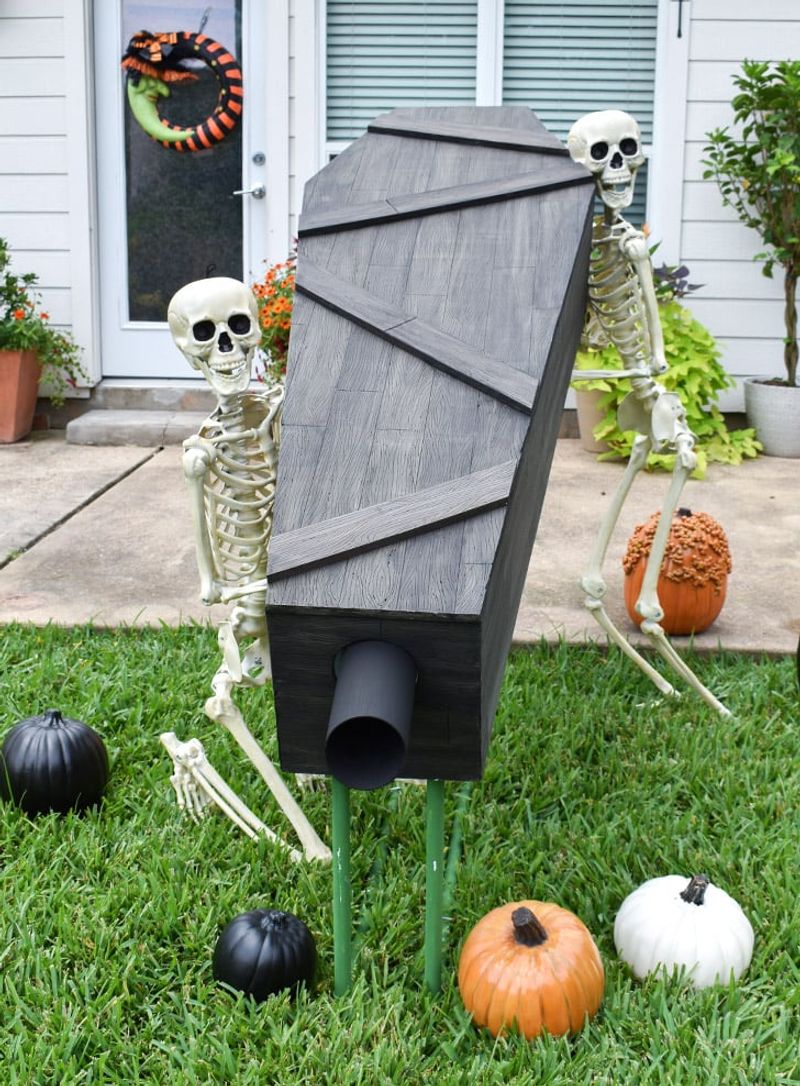DIY Coffin Standing At The Doorway