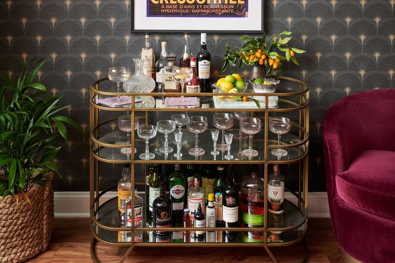 Barware And Glass Sets On Bar Carts