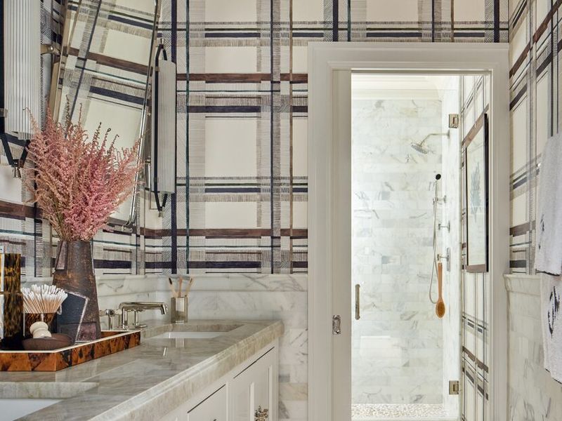 Plaid Wallpaper With Rustic Stone Flooring