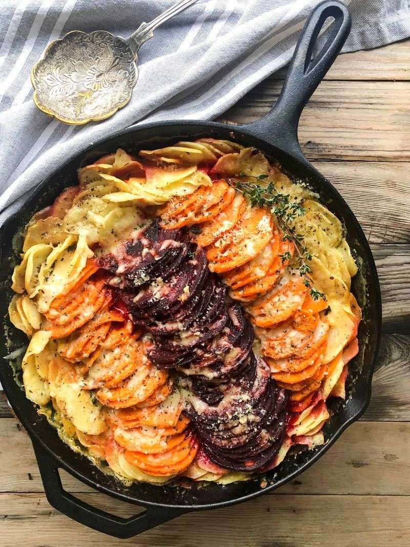 Sweet Potato And Beet Gratin With Goat Cheese