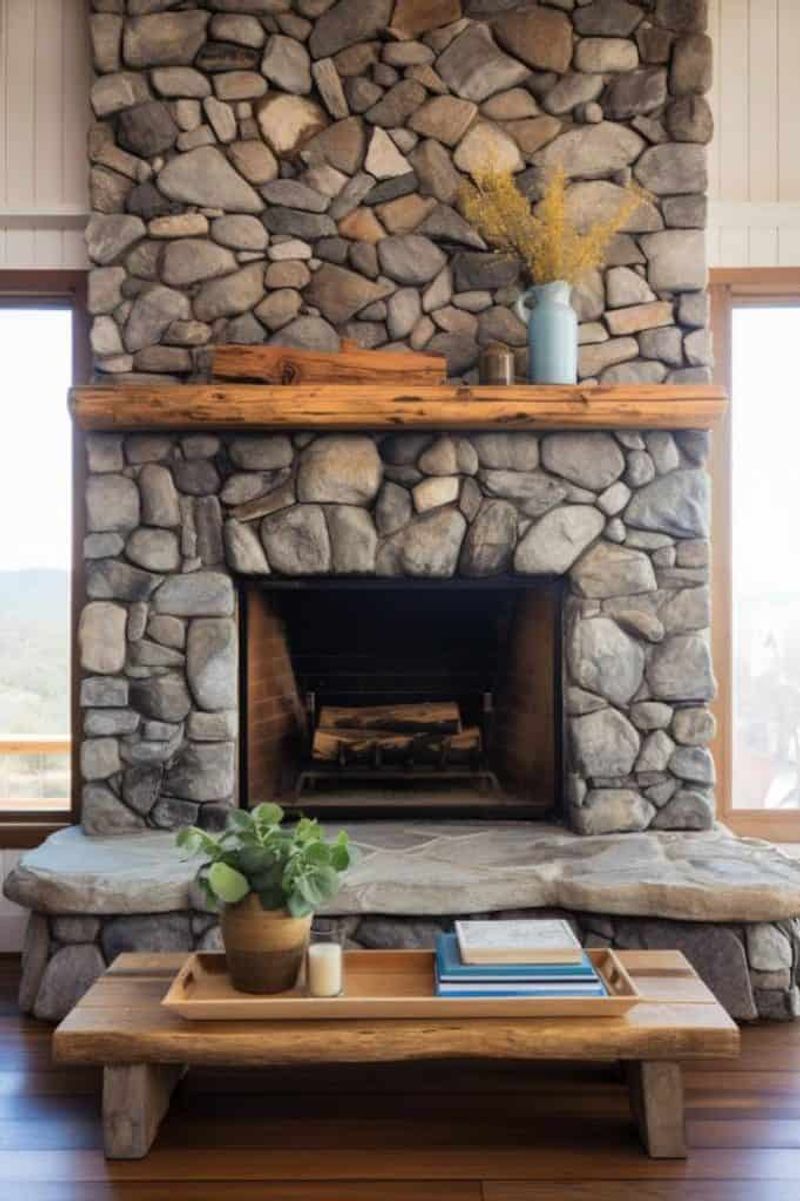 Stone-Framed Mantel With Timber Accents