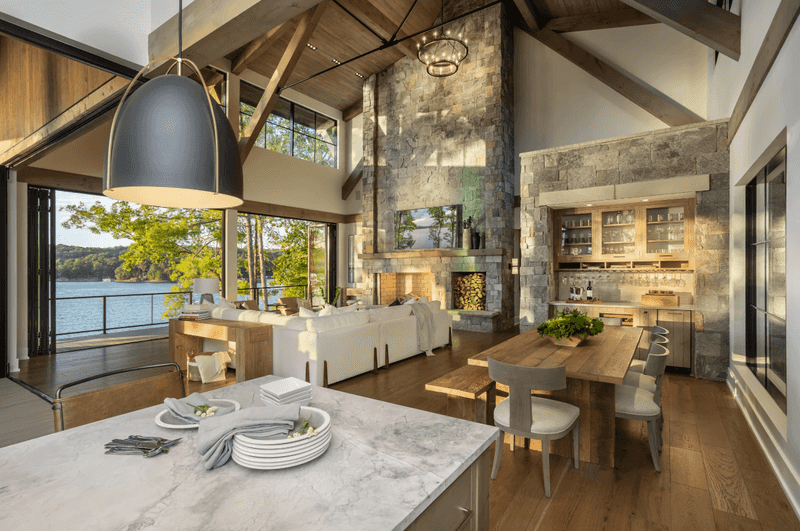 Modern Lakeside Kitchen Flowing Into Family Space