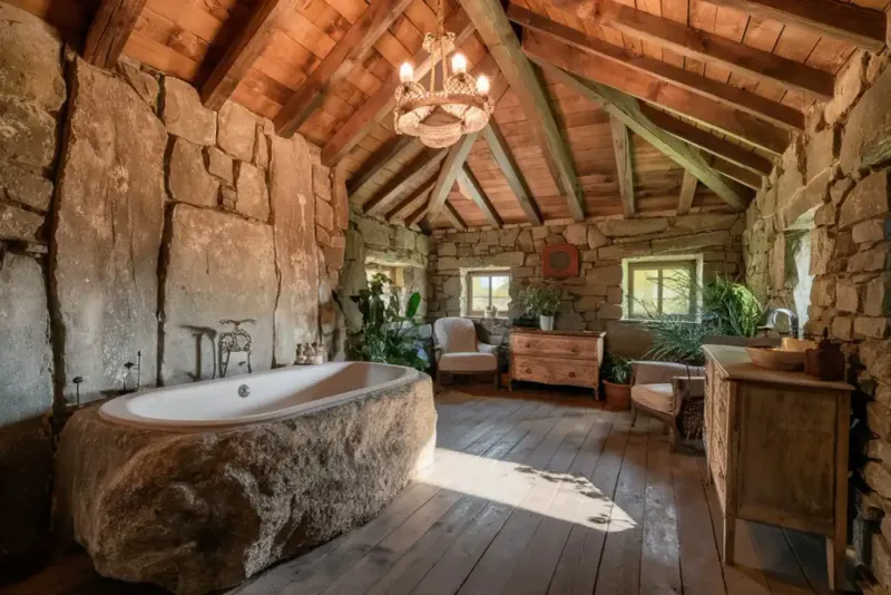 Stone Showers And Timber Beam Accents