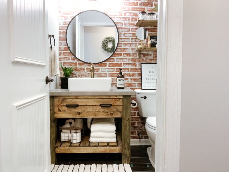 Weathered Wood Vanity With Modern Mirrors