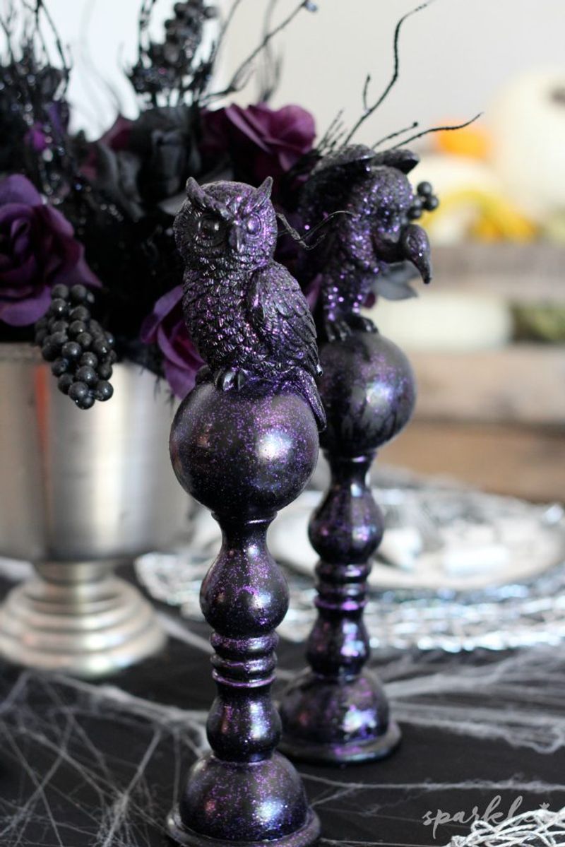 Raven And Feather Centerpiece With Dark Flowers