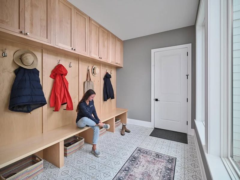 Warm Wood Lockers Meet Cool Gray Walls 