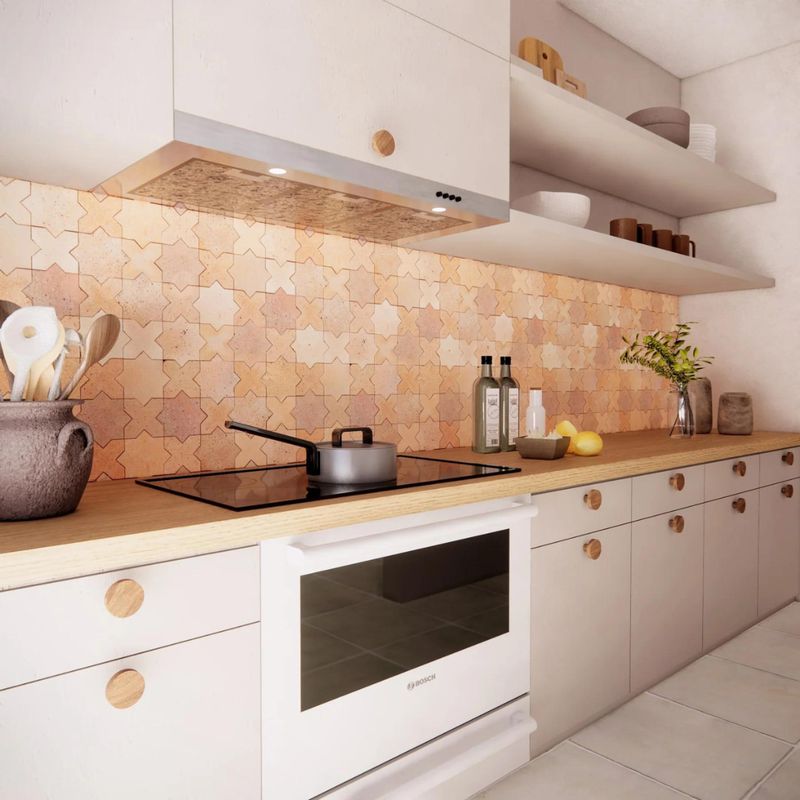 Rustic Terracotta Backsplash With White Cabinetry