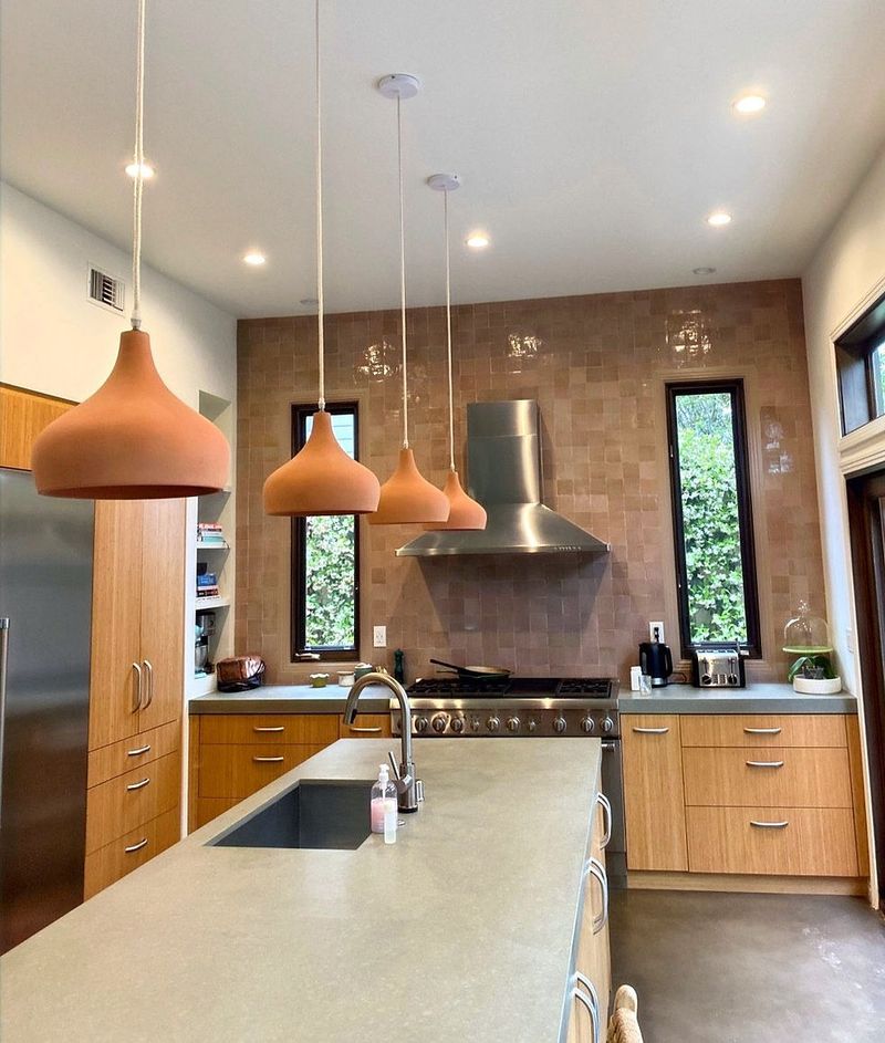 Terracotta Pendant Lights Above Kitchen Island