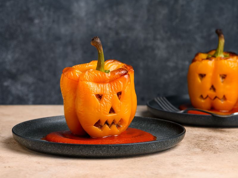Ratatouille-Stuffed Jack-o'-Lantern Peppers