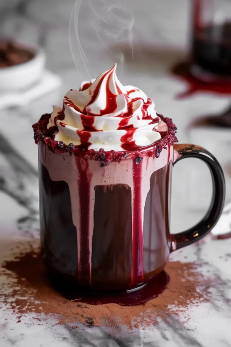 Vampire's Blood Hot Chocolate With Raspberry Sauce