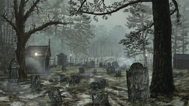Fog-Filled Gravestone Walkway Leading To The Door
