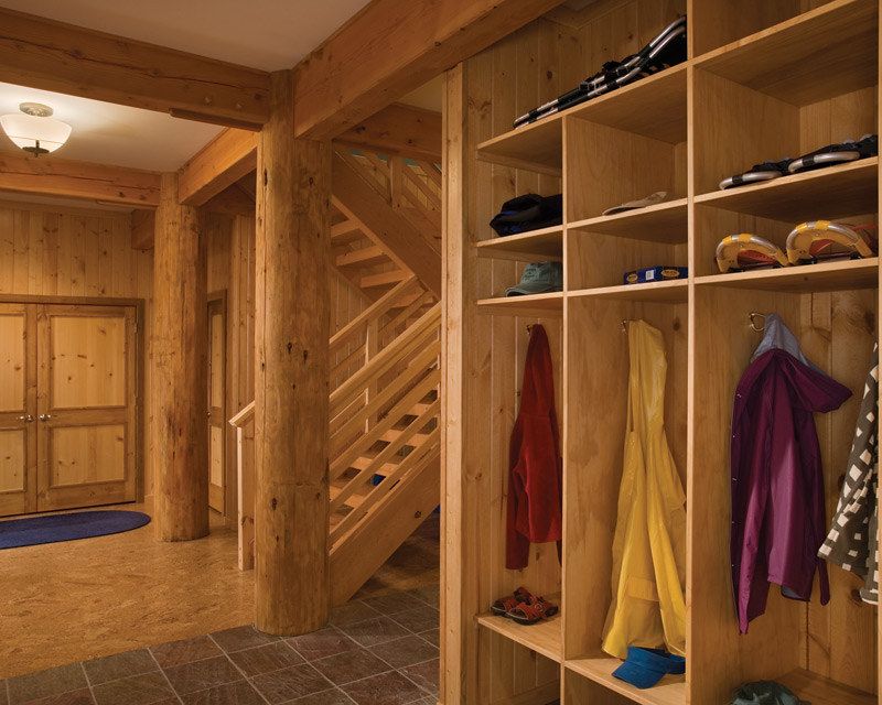 Timber Frame Entry with Snowshoe Storage Wall