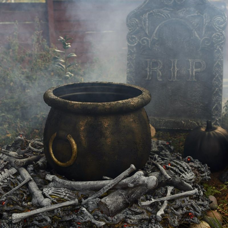 Witch's Brew Scene With Cauldron, Brooms & Glowing Green Mist