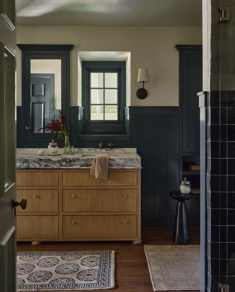 A Signature Blue Touch Defines This Wine Country Ranch In California - Decor Hint Primary Bathroom & Guest Baths: Two-Tone Walls & Tile Details