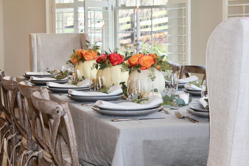 Thanksgiving Table Ideas Californians Are Using To Blend Fall And Christmas Decor - Decor Hint White Pumpkins With Silver And Clear Ornaments
