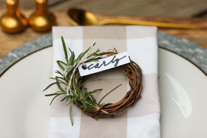 Thanksgiving Table Ideas Californians Are Using To Blend Fall And Christmas Decor - Decor Hint Rosemary Wreath Place Cards With Mini Pinecones