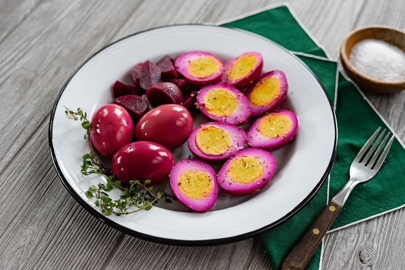 Red Beet Eggs Or Pickled Eggs As Table Garnish