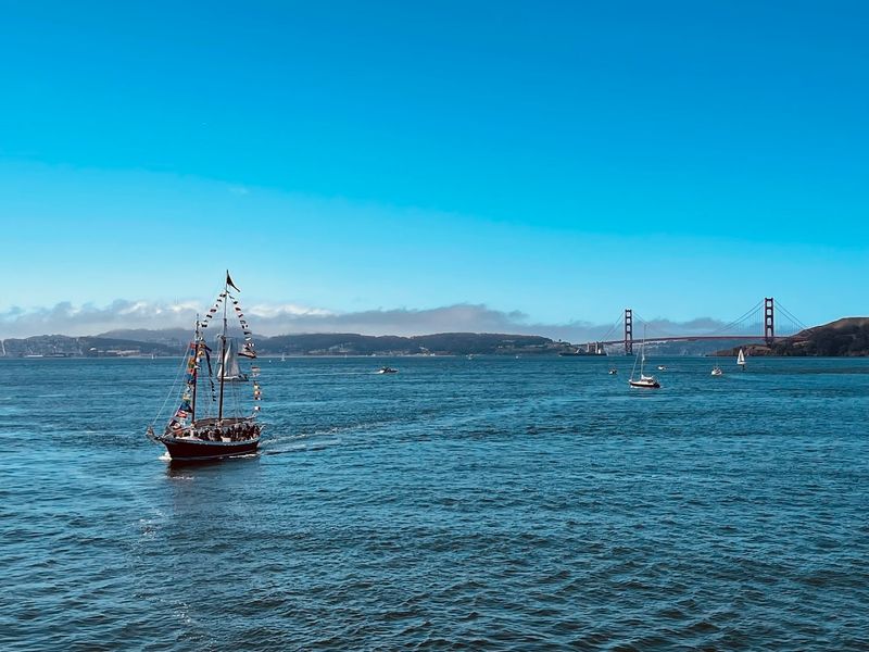 The Golden Gate Bridge And Bay Landmarks Seen From tThe Water