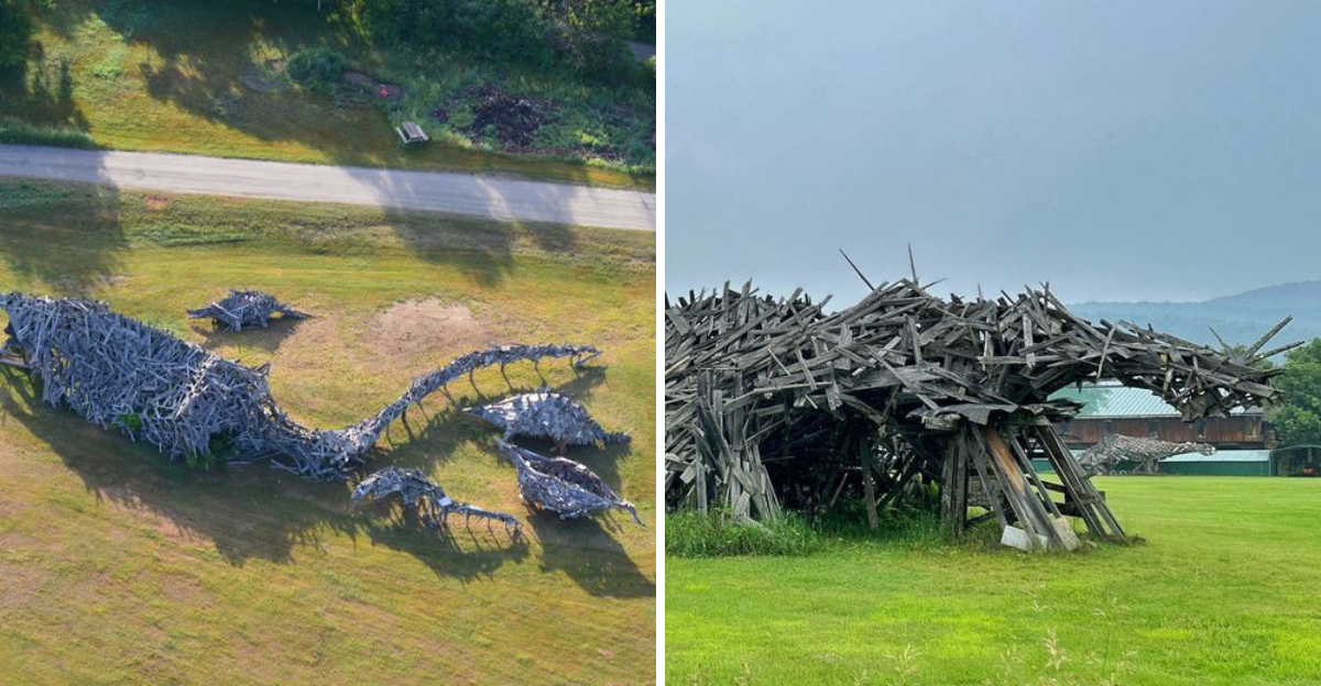 A 25 Foot Dinosaur Made Entirely Of Scrap Wood Is Hiding In A Vermont Field - Decor Hint