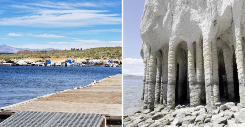 A Remote Central California Lake With Cathedral-Like Stone Columns Along The Shore