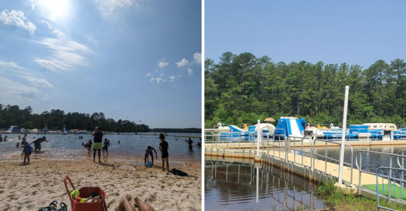 This North Carolina Lake On A Military Base Hides A Beach, Cabins, And A Surprise Water Slide